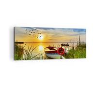 Moderne Impression sur Toile 100x40cm Image Tableau Decoration Murale Bateau Lac Coucher de soleil l'été les gens Tableaux Decoratifs Muraux Chambre Panoramique Décoration Salon Art AB100x40-3053