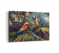 Moderne Impression sur Toile 100x70cm Image Tableau Decoration Murale Ara Perroquets Palmiers Grand Tableaux Decoratifs Muraux Chambre Horizontal Deco Cadre Décoration Salon Art Wall AA100x70-4780