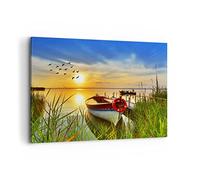 Moderne Impression sur Toile 100x70cm Image Tableau Decoration Murale Bateau Lac Coucher de soleil l'été les gens Tableaux Decoratifs Muraux Chambre Horizontal Décoration Salon Art Wall AA100x70-3053