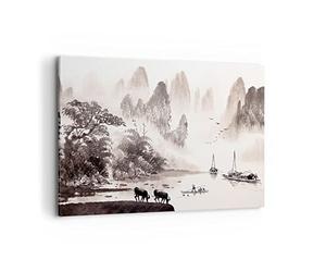 Moderne Impression sur Toile 100x70cm Image Tableau Decoration Murale Chinois Paysage Aquarelle Grand Tableaux Decoratifs Muraux Chambre Horizontal Deco Cadre Décoration Salon Art Wall AA100x70-4265