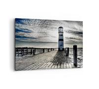 Moderne Impression sur Toile 100x70cm Image Tableau Decoration Murale Lac phare pont en bois eau Grand Tableaux Decoratifs Muraux Chambre Horizontal Deco Cadre Décoration Salon Art Wall AA100x70-0330