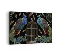 Moderne Impression sur Toile 100x70cm Image Tableau Decoration Murale Paons Or Cage Grand Tableaux Decoratifs Muraux Chambre Cuisine Horizontal Deco Cadre Décoration Salon Art Wall AA100x70-4390