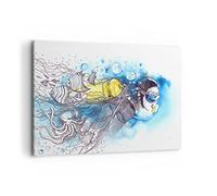 Moderne Impression sur Toile 100x70cm Image Tableau Decoration Murale Plongeur Poissons Illustration passe-temps Tableaux Decoratifs Muraux Chambre Horizontal Décoration Salon Art Wall AA100x70-2982