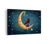 Moderne Impression sur Toile 100x70cm Image Tableau Decoration Murale Pour enfants Fille Lune Grand Tableaux Decoratifs Muraux Chambre Horizontal Deco Cadre Décoration Salon Art Wall AA100x70-4683