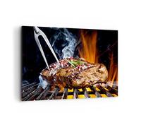 Moderne Impression sur Toile 100x70cm Image Tableau Decoration Murale Steak Grill Flames nourriture Tableaux Decoratifs Muraux Chambre Horizontal Deco Cadre Décoration Salon Art Wall AA100x70-2865