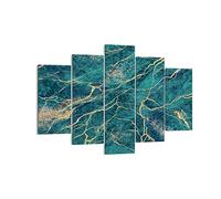 Moderne Impression sur Toile 150x100cm Image Tableau Decoration Murale Abstraction Or Turquoise Tableaux Decoratifs Muraux Chambre Triptyque 5 parties Deco Décoration Salon Art Wall EA150x100-4564