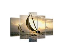 Moderne Impression sur Toile 150x100cm Image Tableau Decoration Murale bateau coucher du soleil le soleil Paysage Tableaux Decoratifs Chambre Triptyque 5 parties Décoration Salon Art EA150x100-3158