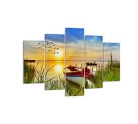 Moderne Impression sur Toile 150x100cm Image Tableau Decoration Murale Bateau Lac Coucher de soleil l'été les gens Tableaux Decoratifs Chambre Triptyque 5 parties Décoration Salon Art EA150x100-3053