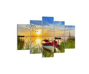Moderne Impression sur Toile 150x100cm Image Tableau Decoration Murale Bateau Lac Coucher de soleil l'été les gens Tableaux Decoratifs Chambre Triptyque 5 parties Décoration Salon Art EA150x100-3053