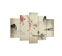 Moderne Impression sur Toile 150x100cm Image Tableau Decoration Murale Fleur Cerises Japon Tableaux Decoratifs Muraux Chambre Triptyque 5 parties Deco Cadre Décoration Salon Art Wall EA150x100-5020