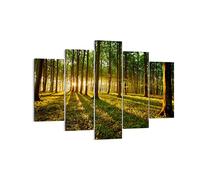 Moderne Impression sur Toile 150x100cm Image Tableau Decoration Murale Forêt vert rayons du soleil nature Tableaux Decoratifs Muraux Chambre Triptyque 5 parties Décoration Salon Art EA150x100-2510