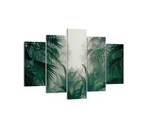 Moderne Impression sur Toile 150x100cm Image Tableau Decoration Murale Jungle Feuilles Palmiers Tableaux Decoratifs Muraux Chambre Triptyque 5 parties Deco Décoration Salon Art Wall EA150x100-4504