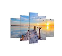 Moderne Impression sur Toile 150x100cm Image Tableau Decoration Murale Lac nature pont oiseaux Tableaux Decoratifs Muraux Chambre Triptyque 5 parties Deco Décoration Salon Art Wall EA150x100-2402
