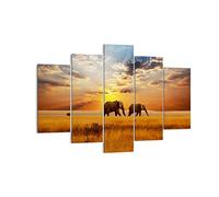 Moderne Impression sur Toile 150x100cm Image Tableau Decoration Murale Les éléphants Safari jungle buisson Tableaux Decoratifs Muraux Chambre Triptyque 5 parties Décoration Salon Art EA150x100-3150