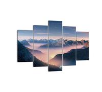 Moderne Impression sur Toile 150x100cm Image Tableau Decoration Murale Montagnes Nuages Brouillard Tableaux Decoratifs Muraux Chambre Triptyque 5 parties Deco Décoration Salon Art Wall EA150x100-5004