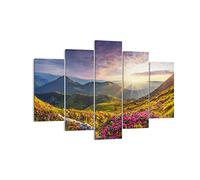 Moderne Impression sur Toile 150x100cm Image Tableau Decoration Murale Montagnes Prairie Paysage forêt Tableaux Decoratifs Muraux Chambre Triptyque 5 parties Décoration Salon Art Wall EA150x100-3152