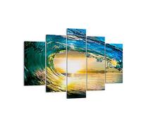Moderne Impression sur Toile 150x100cm Image Tableau Decoration Murale Océan Vague Soleil climat Tableaux Decoratifs Muraux Chambre Triptyque 5 parties Deco Décoration Salon Art Wall EA150x100-2779