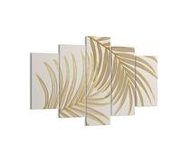 Moderne Impression sur Toile 150x100cm Image Tableau Decoration Murale Or Feuilles Palmiers Tableaux Decoratifs Muraux Chambre Triptyque 5 parties Deco Cadre Décoration Salon Art Wall EA150x100-4738