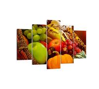 Moderne Impression sur Toile 150x100cm Image Tableau Decoration Murale Panier en osier fruits légumes Tableaux Decoratifs Muraux Chambre Triptyque 5 parties Décoration Salon Art Wall EA150x100-0406
