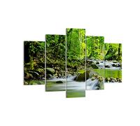 Moderne Impression sur Toile 150x100cm Image Tableau Decoration Murale Stream Forêt Nature Tableaux Decoratifs Muraux Chambre Triptyque 5 parties Deco Cadre Décoration Salon Art Wall EA150x100-0174