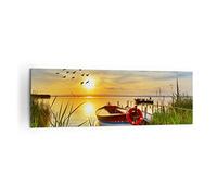 Moderne Impression sur Toile 160x50cm Image Tableau Decoration Murale Bateau Lac Coucher de soleil l'été les gens Tableaux Decoratifs Muraux Chambre Panoramique Décoration Salon Art AB160x50-3053