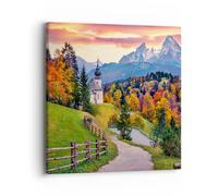 Moderne Impression sur Toile 40x40cm Image Tableau Decoration Murale Paysage De Montagne Chemin Église Tableaux Decoratifs Muraux Chambre Carré Deco Cadre Décoration Salon Art Wall AC40x40-5402