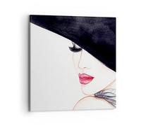 Moderne Impression sur Toile 70x70cm Image Tableau Decoration Murale Femme Lèvres Chapeau élégance Grand Tableaux Decoratifs Muraux Chambre Carré Deco Cadre Décoration Salon Art Wall AC70x70-2947