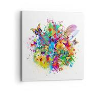 Moderne Impression sur Toile 70x70cm Image Tableau Decoration Murale Papillon couleur fleur composition Tableaux Decoratifs Muraux Chambre Carré Deco Cadre Décoration Salon Art Wall AC70x70-2840