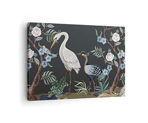 Moderne Impression sur Toile Asiatique Héron Fleurs Image Tableau Decoration Murale 70x50cm Deco Cadre Décoration Salon Chambre Cuisine Horizontal Tableaux Decoratifs Muraux Art Wall AA70x50-4699