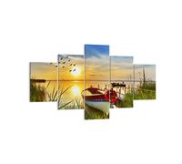 Moderne Impression sur Toile Bateau Lac Coucher de soleil l'été les gens Image Tableau Decoration Murale 125x70cm Décoration Salon Chambre Triptyque 5 parties Tableaux Decoratifs Art EA125x70-3053