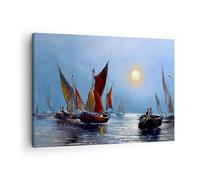 Moderne Impression sur Toile Bateaux soleil pêcheurs pêche Image Tableau Decoration Murale 70x50cm Deco Cadre Décoration Salon Chambre Horizontal Tableaux Decoratifs Muraux Art Wall AA70x50-2957