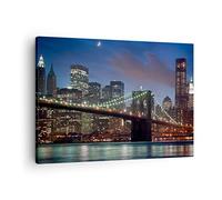 Moderne Impression sur Toile Brooklyn Bridge nuit New York City Image Tableau Decoration Murale 70x50cm Deco Cadre Décoration Salon Chambre Horizontal Tableaux Decoratifs Muraux Art Wall AA70x50-0512