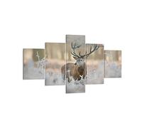 Moderne Impression sur Toile cerf forêt nature Image Tableau Decoration Murale 125x70cm Deco Cadre Décoration Salon Chambre Triptyque 5 parties Tableaux Decoratifs Muraux Art Wall EA125x70-3744