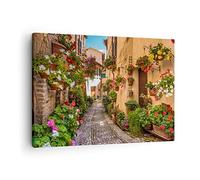 Moderne Impression sur Toile Chemin fleurs maison cour Image Tableau Decoration Murale 70x50cm Deco Cadre Décoration Salon Chambre Cuisine Horizontal Tableaux Decoratifs Muraux Art Wall AA70x50-3183