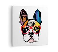 Moderne Impression sur Toile Chien Lunettes de vue coloré bouledogue Image Tableau Decoration Murale 60x60cm Deco Cadre Décoration Salon Chambre Carré Tableaux Decoratifs Muraux Art Wall AC60x60-3206