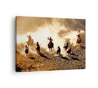 Moderne Impression sur Toile Cowboys chevaux galop Image Tableau Decoration Murale 70x50cm Deco Cadre Décoration Salon Chambre Cuisine Horizontal Tableaux Decoratifs Muraux Art Wall AA70x50-2693