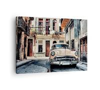 Moderne Impression sur Toile Cubain Voiture Immeubles Image Tableau Decoration Murale 70x50cm Deco Cadre Décoration Salon Chambre Cuisine Horizontal Tableaux Decoratifs Muraux Art Wall AA70x50-4413
