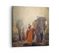 Moderne Impression sur Toile éléphant moine jungle Image Tableau Decoration Murale 30x30cm Deco Cadre Décoration Salon Chambre Cuisine Carré Tableaux Decoratifs Muraux Art Wall Decor AC30x30-3453
