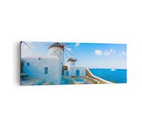 Moderne Impression sur Toile Grèce île côte maison Image Tableau Decoration Murale 140x50cm Deco Cadre Décoration Salon Chambre Panoramique Grand Tableaux Decoratifs Muraux Art Wall AB140x50-2424