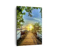 Moderne Impression sur Toile Lac coucher de soleil bateau paysage Image Tableau Decoration Murale 50x70cm Deco Salon Chambre Cuisine Vertical Petit Tableaux Decoratifs Muraux Art Wall PA50x70-2573