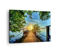 Moderne Impression sur Toile Lac coucher de soleil bateau paysage Image Tableau Decoration Murale 70x50cm Deco Décoration Salon Chambre Horizontal Tableaux Decoratifs Muraux Art Wall AA70x50-2573