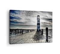 Moderne Impression sur Toile Lac phare pont en bois eau Image Tableau Decoration Murale 70x50cm Deco Cadre Décoration Salon Chambre Cuisine Horizontal Tableaux Decoratifs Muraux Art Wall AA70x50-0330