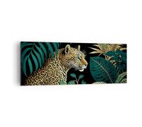 Moderne Impression sur Toile Léopard Jungle Tropical Image Tableau Decoration Murale 140x50cm Deco Cadre Décoration Salon Chambre Panoramique Grand Tableaux Decoratifs Muraux Art Wall AB140x50-5720