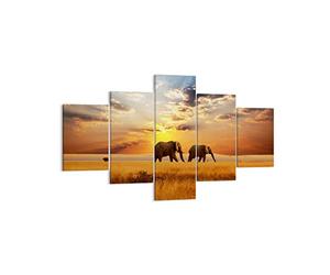 Moderne Impression sur Toile Les éléphants Safari jungle buisson Image Tableau Decoration Murale 125x70cm Décoration Salon Chambre Triptyque 5 parties Tableaux Decoratifs Muraux Art EA125x70-3150
