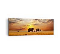 Moderne Impression sur Toile Les éléphants Safari jungle buisson Image Tableau Decoration Murale 90x30cm Deco Décoration Salon Chambre Panoramique Tableaux Decoratifs Muraux Art Wall AB90x30-3150