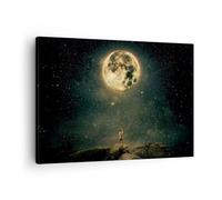 Moderne Impression sur Toile Lune Étoiles Imagination Image Tableau Decoration Murale 70x50cm Deco Cadre Décoration Salon Chambre Cuisine Horizontal Tableaux Decoratifs Muraux Art Wall AA70x50-5249