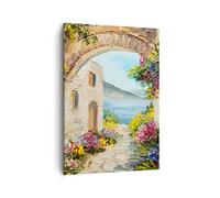 Moderne Impression sur Toile Maison Santorini Fleurs Image Tableau Decoration Murale 50x70cm Deco Cadre Salon Chambre Cuisine Vertical Petit Tableaux Decoratifs Muraux Art Wall Decor PA50x70-4191