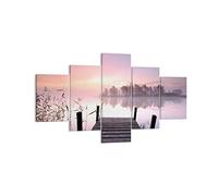 Moderne Impression sur Toile Matinée lever de soleil brouillard lac Image Tableau Decoration Murale 125x70cm Décoration Salon Chambre Triptyque 5 parties Tableaux Decoratifs Muraux Art EA125x70-2593