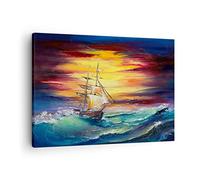 Moderne Impression sur Toile mer vague bateau Image Tableau Decoration Murale 70x50cm Deco Cadre Décoration Salon Chambre Cuisine Horizontal Tableaux Decoratifs Muraux Art Wall Decor AA70x50-3460