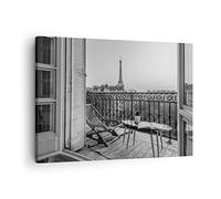Moderne Impression sur Toile Noir Et Blanc Paris Balcon Image Tableau Decoration Murale 70x50cm Deco Cadre Décoration Salon Chambre Cuisine Horizontal Tableaux Decoratifs Muraux Art Wall AA70x50-4595